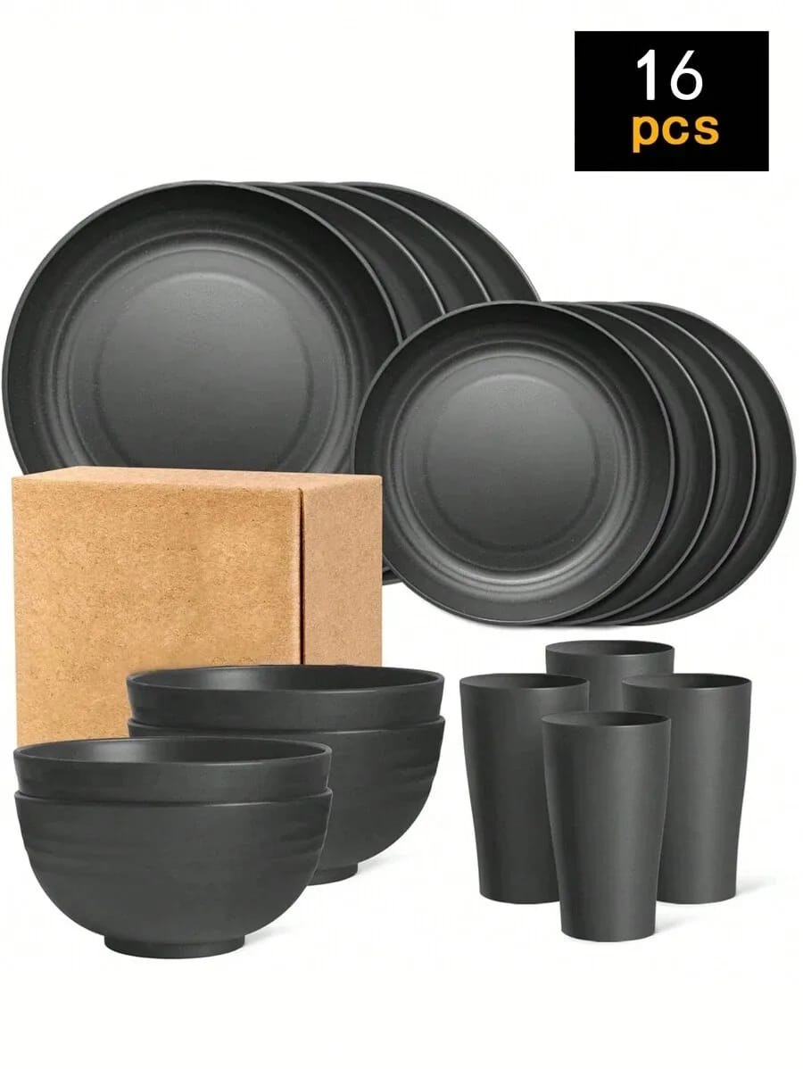 Set de vajilla de plástico reutilizable de 4, 16 o 24 piezas. Incluye platos, bowls y vasos, perfecto para picnics familiares y uso escolar.